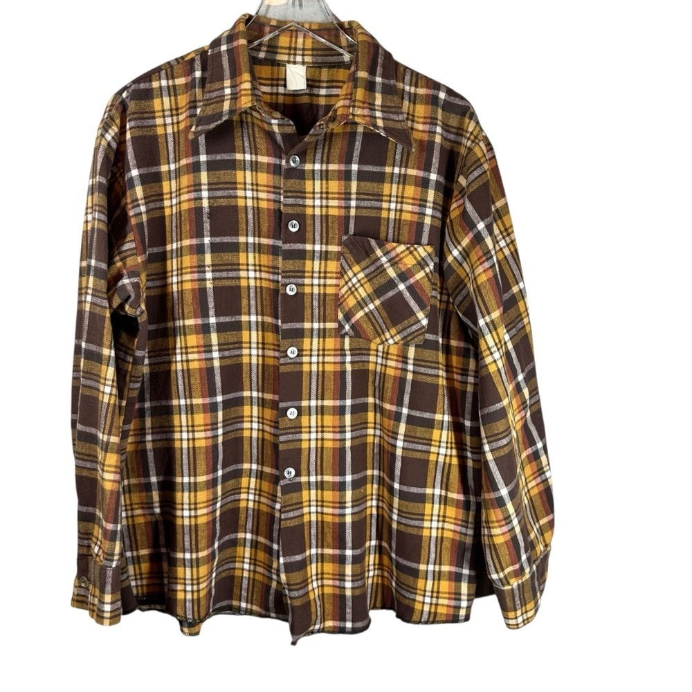 VINTAGE Men's Large Brown/Yellow Plaid Flannel Button Down Shirt